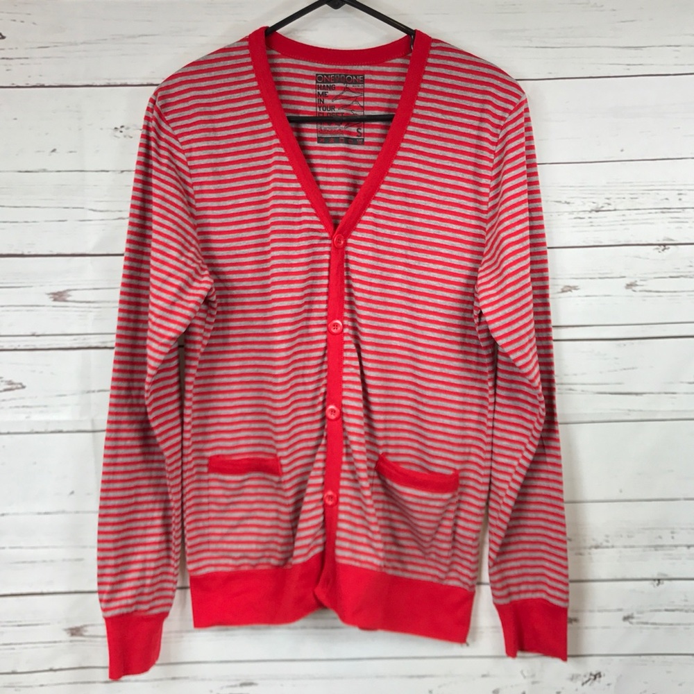 Mens Cardigan Red Gray Striped NWOT